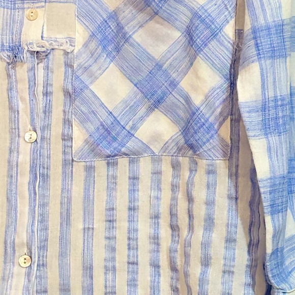Entro Blue & White Contrasting Pattern Cotton Button Up w Frayed Hem - Picture 7 of 14